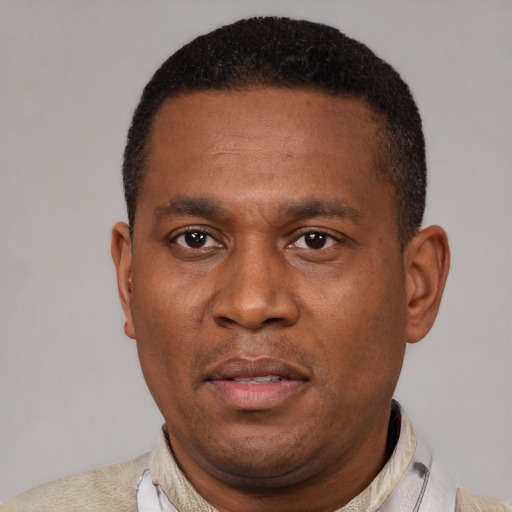 Neutral latino adult male with short  black hair and brown eyes