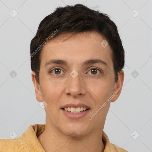 Joyful white young-adult female with short  brown hair and brown eyes