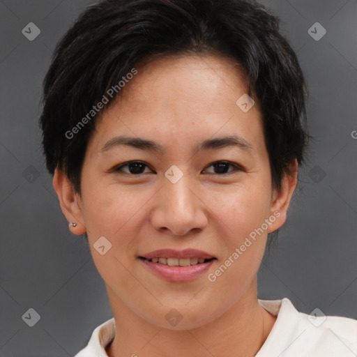 Joyful asian young-adult female with short  brown hair and brown eyes