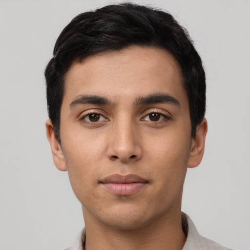 Neutral asian young-adult male with short  black hair and brown eyes