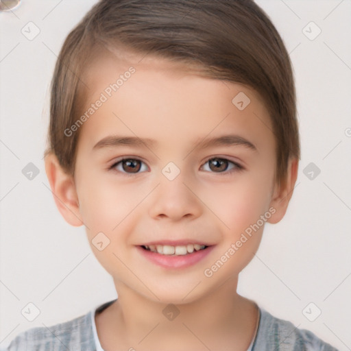 Joyful white child female with short  brown hair and brown eyes