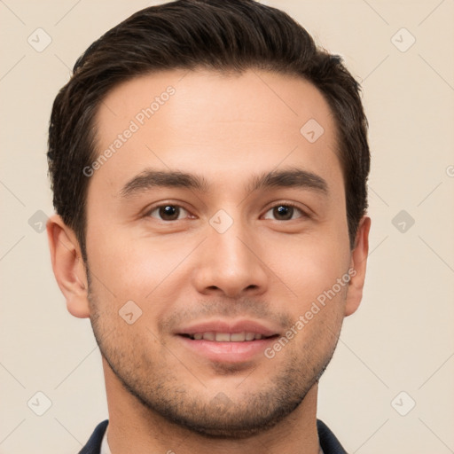 Joyful white young-adult male with short  brown hair and brown eyes