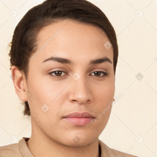 Neutral white young-adult female with short  brown hair and brown eyes