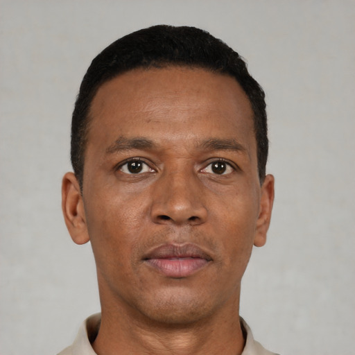 Neutral black adult male with short  black hair and brown eyes
