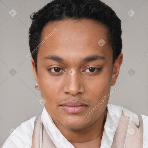 Neutral latino young-adult male with short  black hair and brown eyes