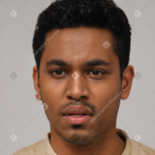 Neutral black young-adult male with short  black hair and brown eyes