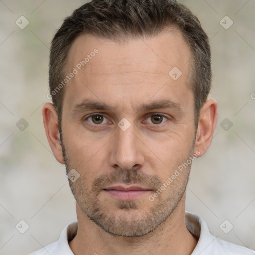 Neutral white adult male with short  brown hair and brown eyes