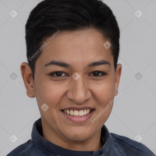 Joyful latino young-adult female with short  brown hair and brown eyes