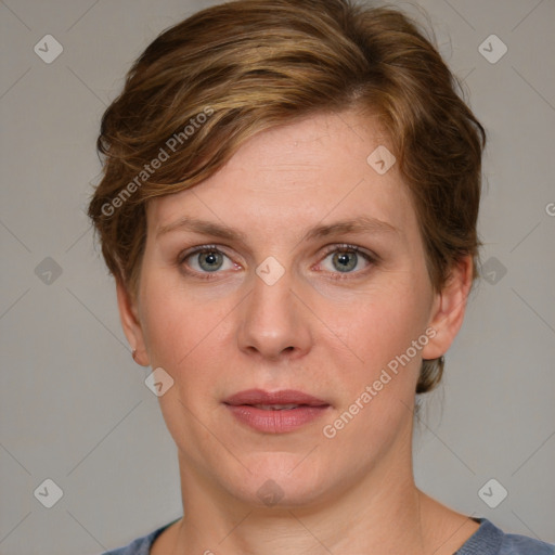 Joyful white young-adult female with medium  brown hair and blue eyes