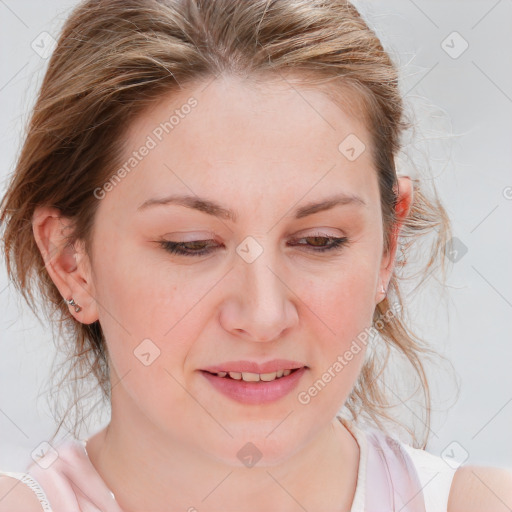 Joyful white young-adult female with medium  brown hair and blue eyes