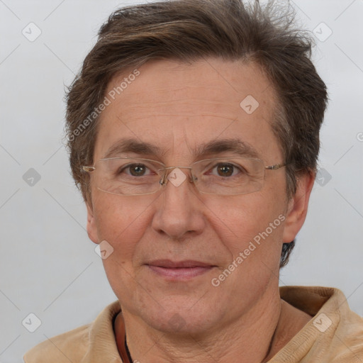 Joyful white middle-aged male with short  brown hair and brown eyes