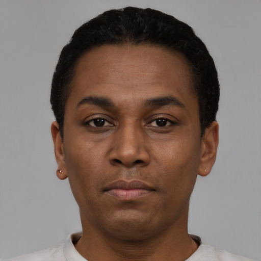 Neutral black young-adult male with short  black hair and brown eyes