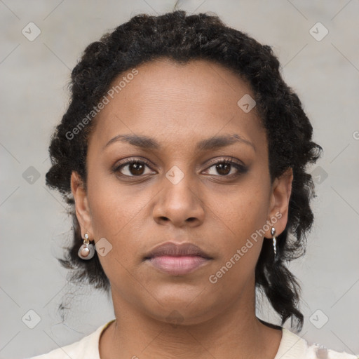 Neutral black young-adult female with medium  brown hair and brown eyes