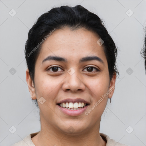 Joyful asian young-adult female with short  brown hair and brown eyes