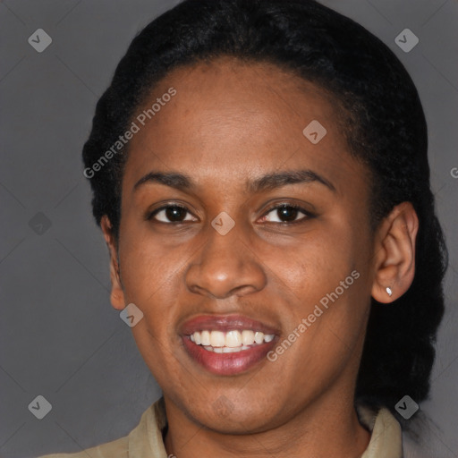 Joyful latino young-adult female with medium  black hair and brown eyes