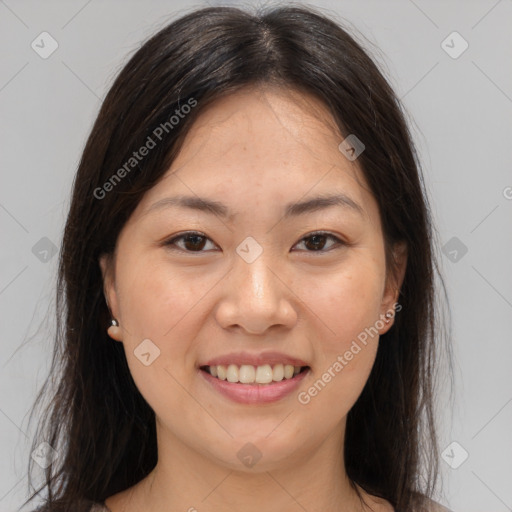 Joyful white young-adult female with medium  brown hair and brown eyes