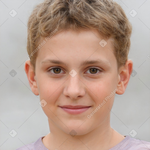 Joyful white child male with short  brown hair and brown eyes