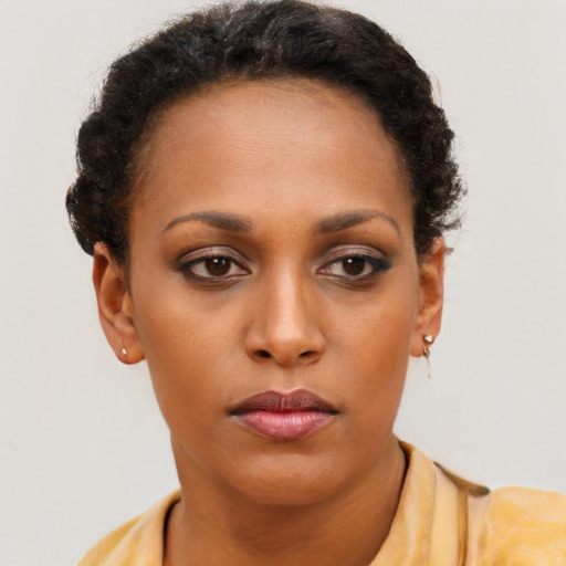 Neutral black young-adult female with short  brown hair and brown eyes