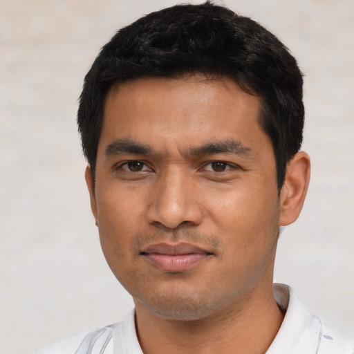 Neutral asian young-adult male with short  black hair and brown eyes