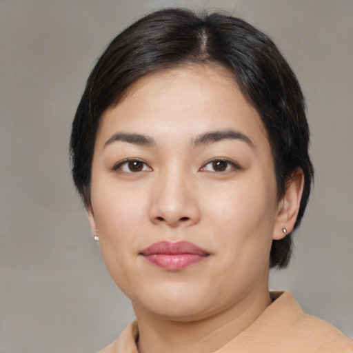 Neutral latino young-adult female with medium  black hair and brown eyes