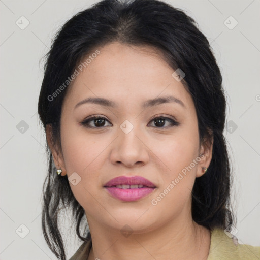 Joyful latino young-adult female with medium  brown hair and brown eyes