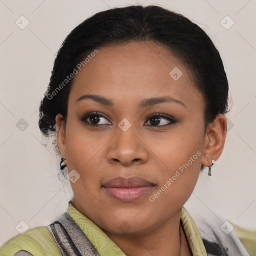 Joyful latino young-adult female with short  brown hair and brown eyes