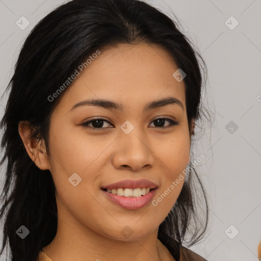 Joyful asian young-adult female with long  brown hair and brown eyes