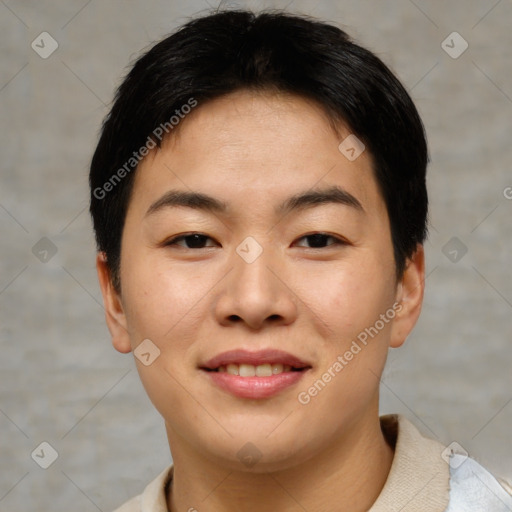 Joyful asian young-adult female with short  brown hair and brown eyes