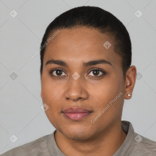 Neutral black young-adult female with short  black hair and brown eyes