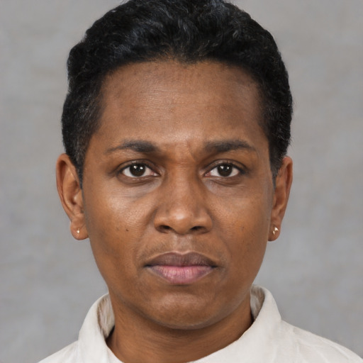 Neutral black adult male with short  black hair and brown eyes