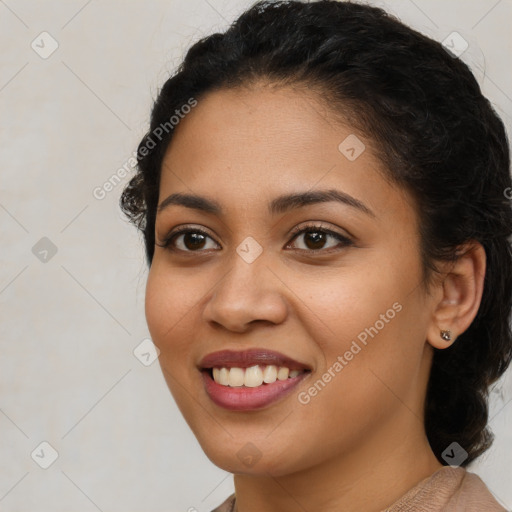 Joyful latino young-adult female with medium  brown hair and brown eyes