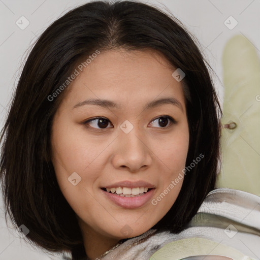 Joyful white young-adult female with medium  brown hair and brown eyes