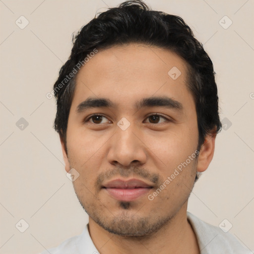 Neutral asian young-adult male with short  black hair and brown eyes