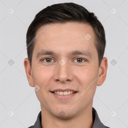 Joyful white young-adult male with short  brown hair and brown eyes