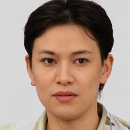 Neutral white young-adult female with short  brown hair and brown eyes