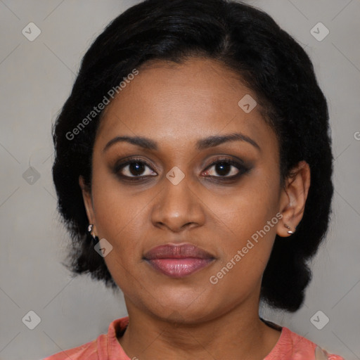 Joyful black young-adult female with medium  black hair and brown eyes