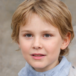 Joyful white child female with medium  brown hair and blue eyes