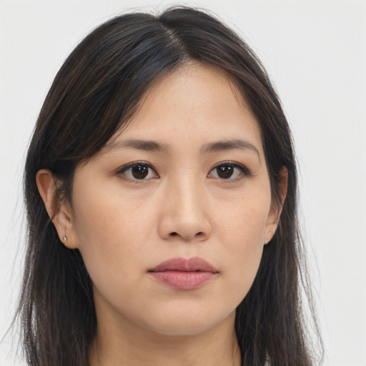 Neutral asian young-adult female with long  brown hair and brown eyes