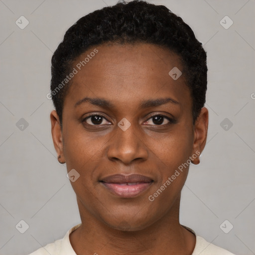 Joyful black young-adult female with short  black hair and brown eyes