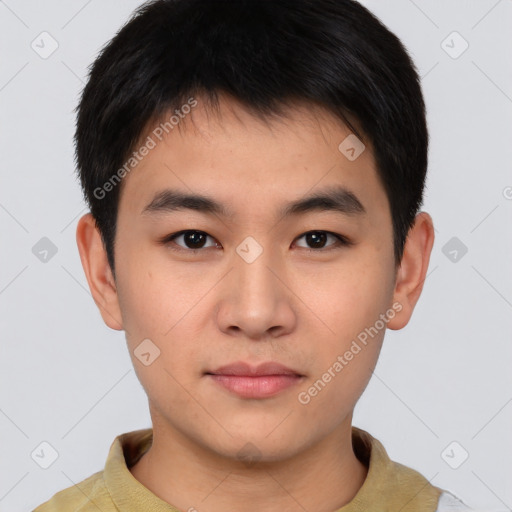 Neutral asian young-adult male with short  brown hair and brown eyes