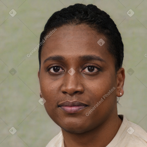 Neutral black young-adult female with short  black hair and brown eyes
