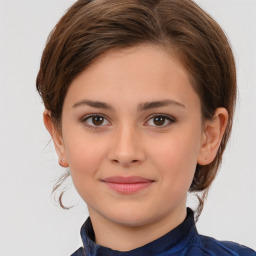 Joyful white child female with medium  brown hair and brown eyes