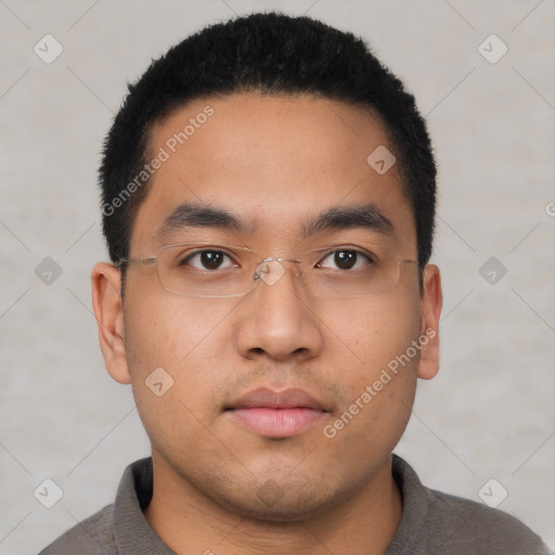 Neutral asian young-adult male with short  black hair and brown eyes