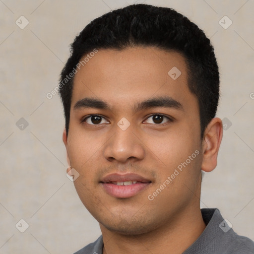 Neutral latino young-adult male with short  black hair and brown eyes