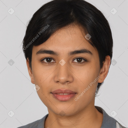 Neutral latino young-adult female with short  black hair and brown eyes