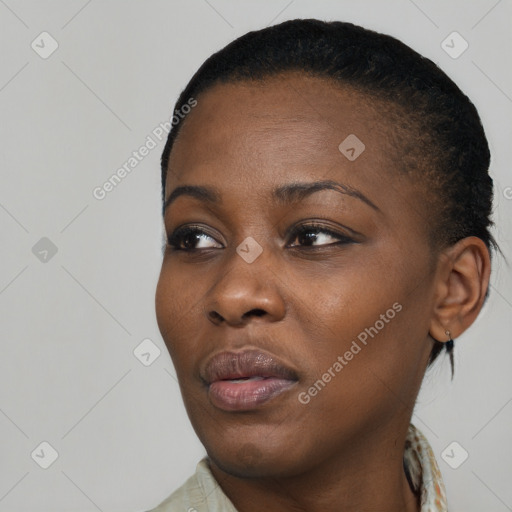 Joyful black young-adult female with short  black hair and brown eyes