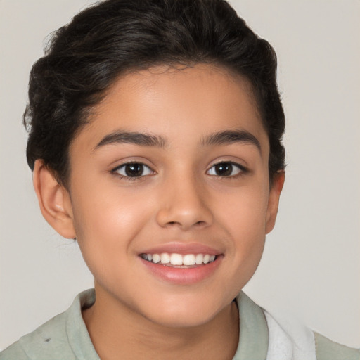 Joyful white child female with short  brown hair and brown eyes