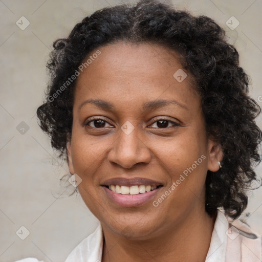 Joyful black adult female with medium  brown hair and brown eyes