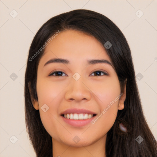 Joyful white young-adult female with long  brown hair and brown eyes