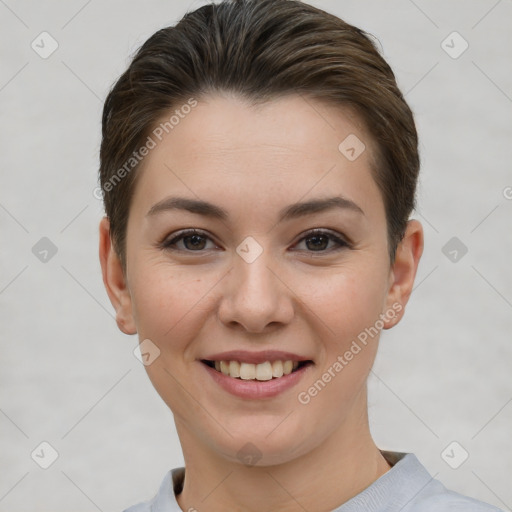 Joyful white young-adult female with short  brown hair and brown eyes